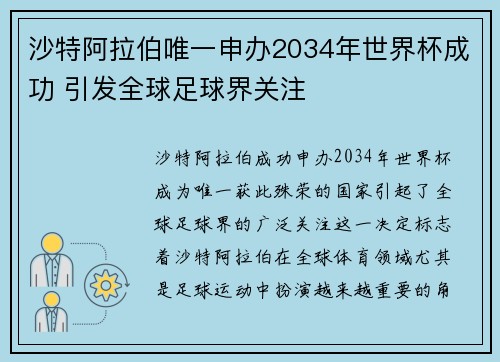 沙特阿拉伯唯一申办2034年世界杯成功 引发全球足球界关注